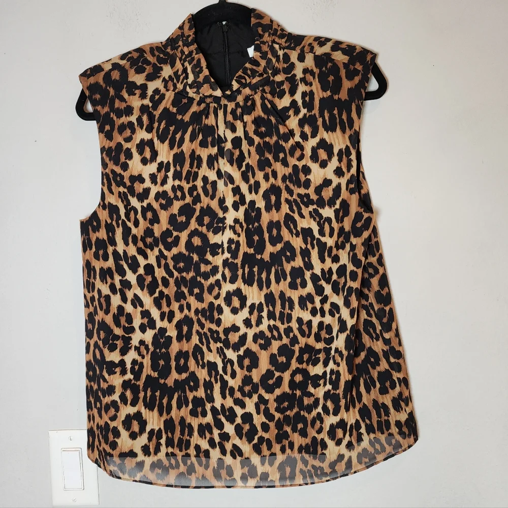 MILLY Rori Leopard Print Chiffon Sleeveless Blouse Top‎ Padded Shoulders Medium